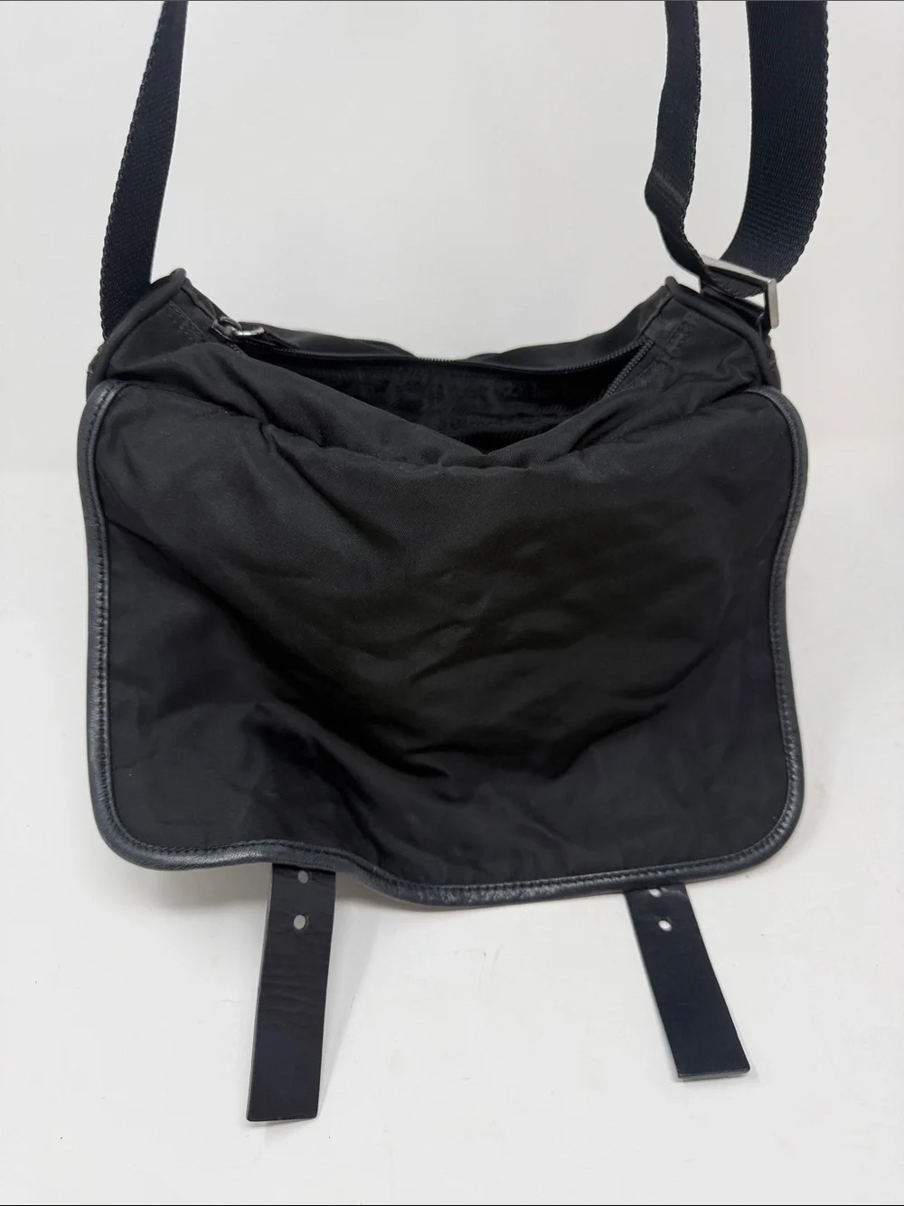 Prada Black Nylon Tessuto Messenger Crossbody Bag Leather Buckle Flap